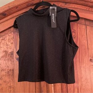 Allegra K black/silver sparkling mock turtle neck sleeveless crop top GORGEOUS